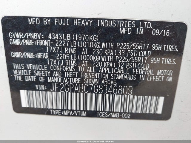 JF2GPABC7G8346809 Subaru Crosstrek 2.0i Premium