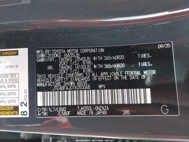 Aukcja sprzedaży 2026 Toyota Land Cruiser, vin: JTEABFAJ0TK050068, numer aukcji: 46083979