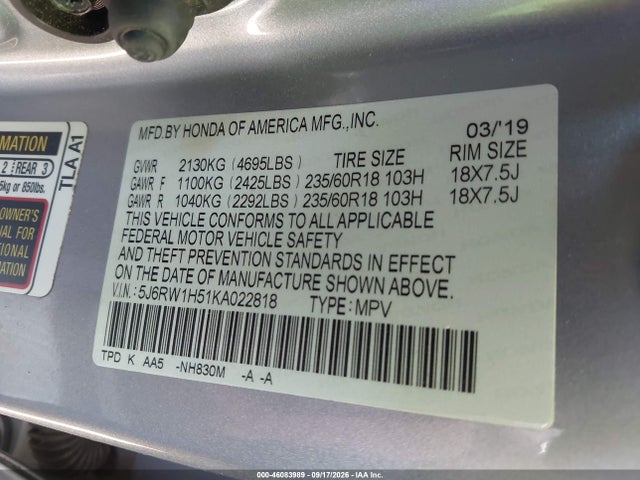 Продажа на аукционе авто 2019 Honda Cr-v Ex, vin: 5J6RW1H51KA022818, номер лота: 46083989
