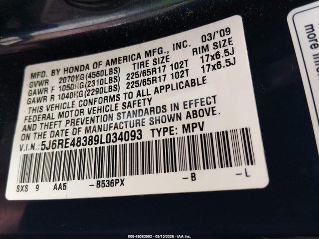 Aukcja sprzedaży 2009 Honda Cr-v Lx, vin: 5J6RE48389L034093, numer aukcji: 46083992
