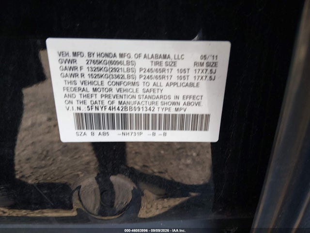 Продажа на аукционе авто 2011 Honda Pilot Ex, vin: 5FNYF4H42BB091342, номер лота: 46083996