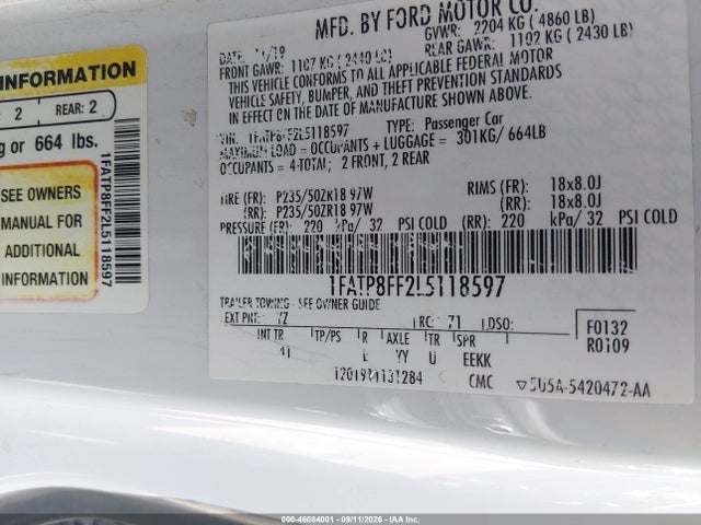 2020 Ford Mustang Gt Premium მანქანა იყიდება აუქციონზე, vin: 1FATP8FF2L5118597, აუქციონის ნომერი: 46084001