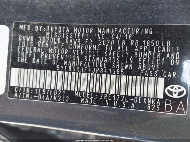 46084009 :رقم المزاد ، 5YFBURHE4JP841585 vin ، 2018 Toyota Corolla Le مزاد بيع