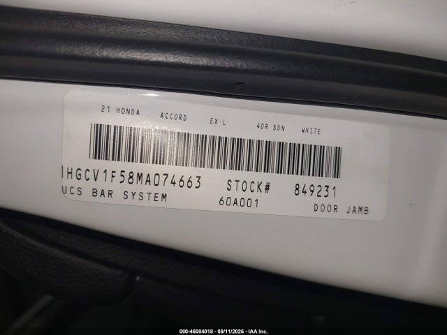 Aukcja sprzedaży 2021 Honda Accord Ex-l, vin: 1HGCV1F58MA074663, numer aukcji: 46084018