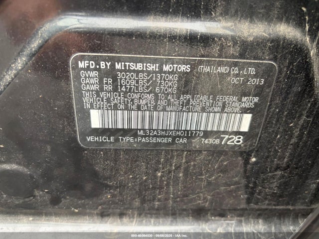2014 Mitsubishi Mirage De მანქანა იყიდება აუქციონზე, vin: ML32A3HJXEH011779, აუქციონის ნომერი: 46084030