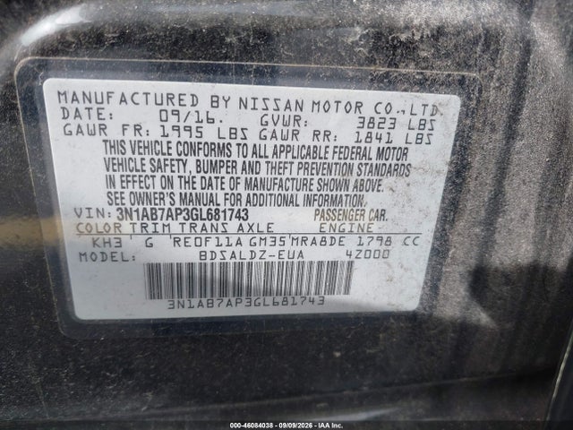 Продаж на аукціоні авто 2016 Nissan Sentra Sv, vin: 3N1AB7AP3GL681743, номер лоту: 46084038