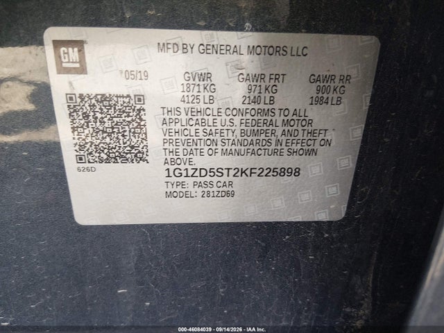 2019 Chevrolet Malibu Lt მანქანა იყიდება აუქციონზე, vin: 1G1ZD5ST2KF225898, აუქციონის ნომერი: 46084039