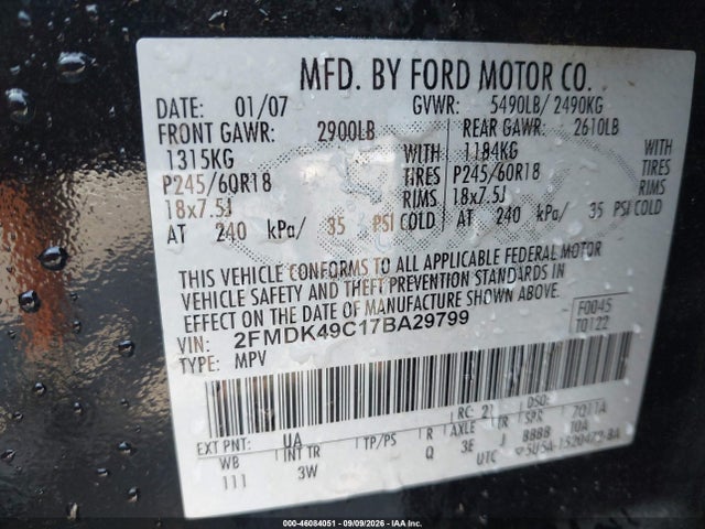 46084051 :رقم المزاد ، 2FMDK49C17BA29799 vin ، 2007 Ford Edge Sel Plus مزاد بيع