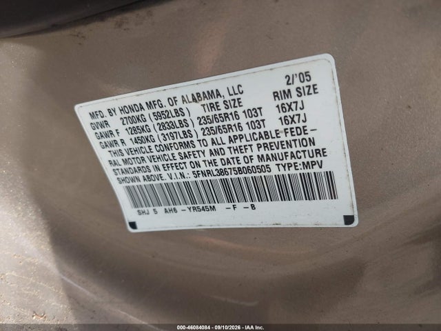 46084084 :رقم المزاد ، 5FNRL38675B060505 vin ، 2005 Honda Odyssey Ex-l مزاد بيع