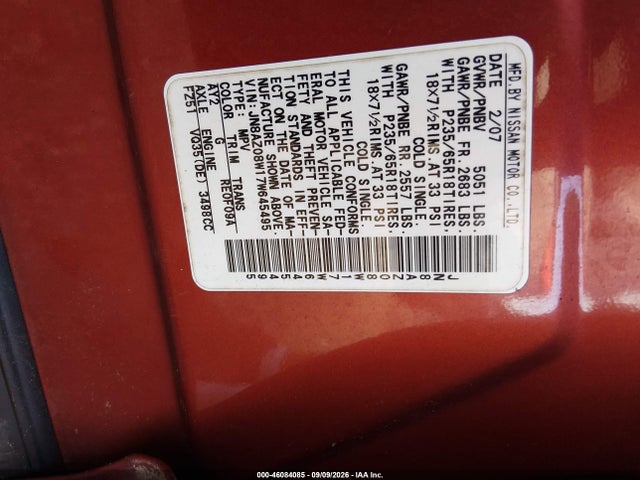 46084085 :رقم المزاد ، JN8AZ08W17W645495 vin ، 2007 Nissan Murano Se مزاد بيع