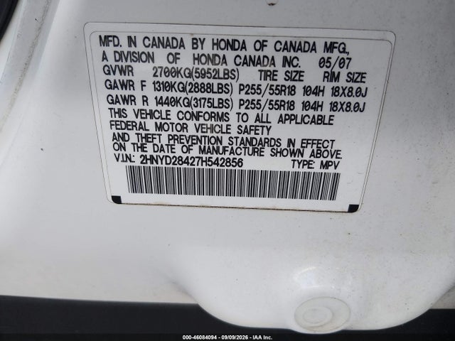 Продаж на аукціоні авто 2007 Acura Mdx Technology Package, vin: 2HNYD28427H542856, номер лоту: 46084094