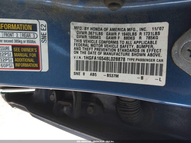 2008 Honda Civic Lx მანქანა იყიდება აუქციონზე, vin: 1HGFA16548L028878, აუქციონის ნომერი: 46084100