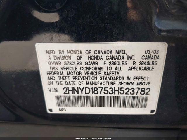 46084102 :رقم المزاد ، 2HNYD18753H523782 vin ، 2003 Acura Mdx مزاد بيع