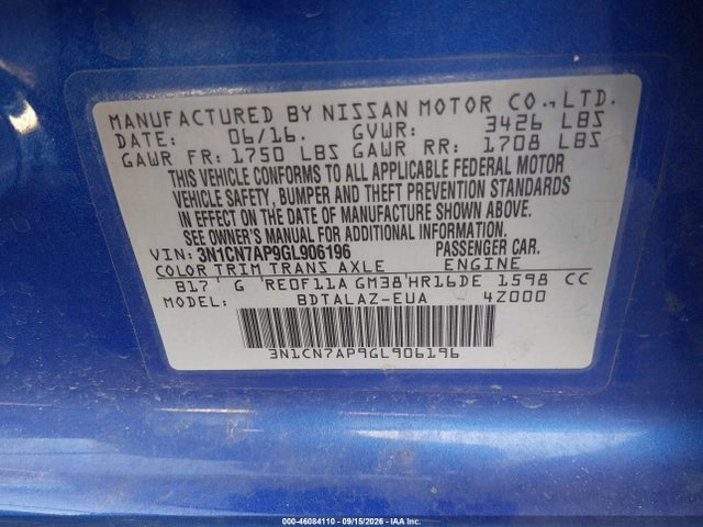 Aukcja sprzedaży 2016 Nissan Versa 1.6 S+, vin: 3N1CN7AP9GL906196, numer aukcji: 46084110