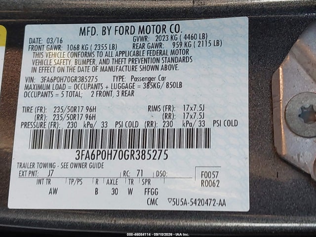 Ford FUSION SE 2016 3FA6P0H70GR385275 Image 9