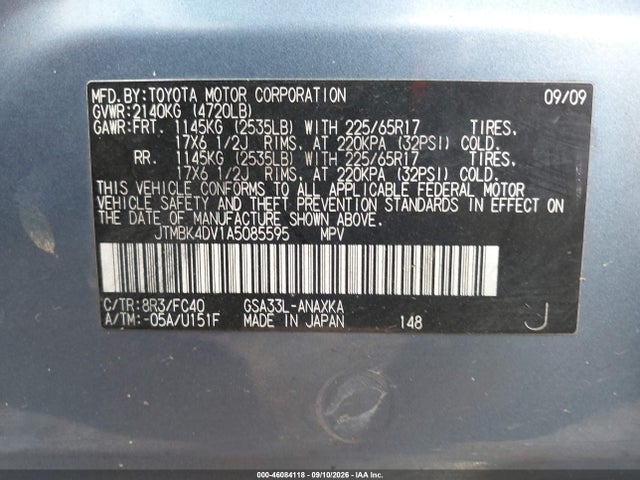 Aukcja sprzedaży 2010 Toyota Rav4 Base V6, vin: JTMBK4DV1A5085595, numer aukcji: 46084118