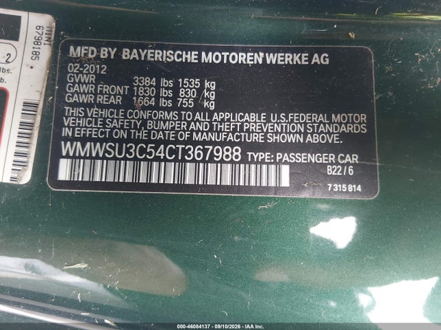 Aukcja sprzedaży 2012 Mini Cooper, vin: WMWSU3C54CT367988, numer aukcji: 46084137
