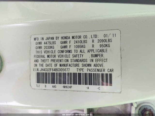 2011 Acura Tsx 2.4 მანქანა იყიდება აუქციონზე, vin: JH4CU2F64BC005677, აუქციონის ნომერი: 46084141