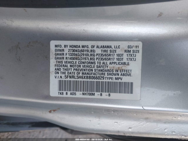 Продажа на аукционе авто 2011 Honda Odyssey Ex-l, vin: 5FNRL5H6XBB066029, номер лота: 46084160
