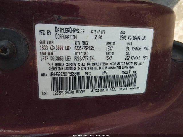 Aukcja sprzedaży 2001 Dodge Durango Slt, vin: 1B4HS28ZX1F565699, numer aukcji: 46084163