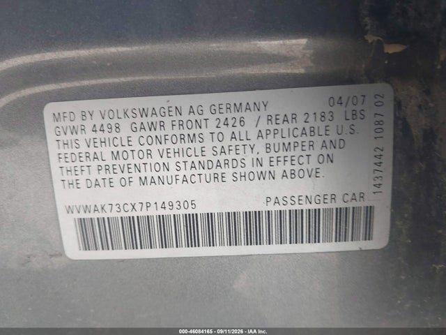 Продажа на аукционе авто 2007 Volkswagen Passat Wolfsburg Edition, vin: WVWAK73CX7P149305, номер лота: 46084165