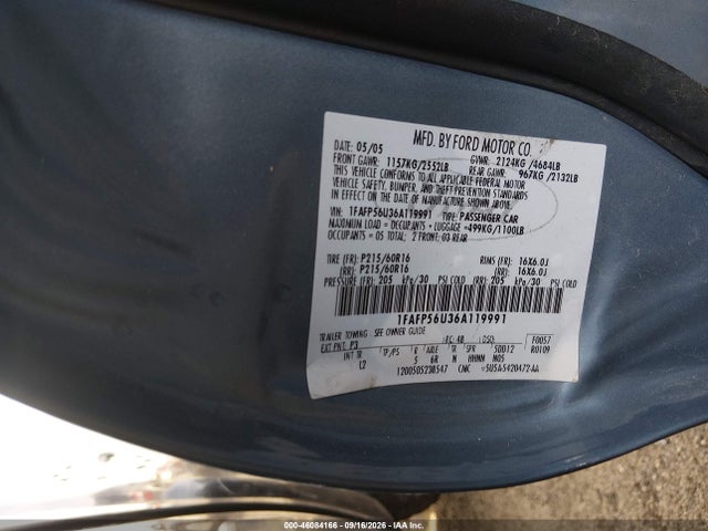 2006 Ford Taurus Sel მანქანა იყიდება აუქციონზე, vin: 1FAFP56U36A119991, აუქციონის ნომერი: 46084166
