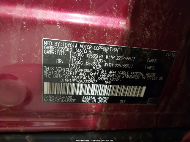 46084167 :رقم المزاد ، JTMP1RFV6KD002527 vin ، 2019 Toyota Rav4 Xle مزاد بيع