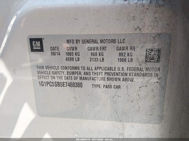 2014 Chevrolet Cruze 1lt Auto მანქანა იყიდება აუქციონზე, vin: 1G1PC5SB5E7468380, აუქციონის ნომერი: 46084179