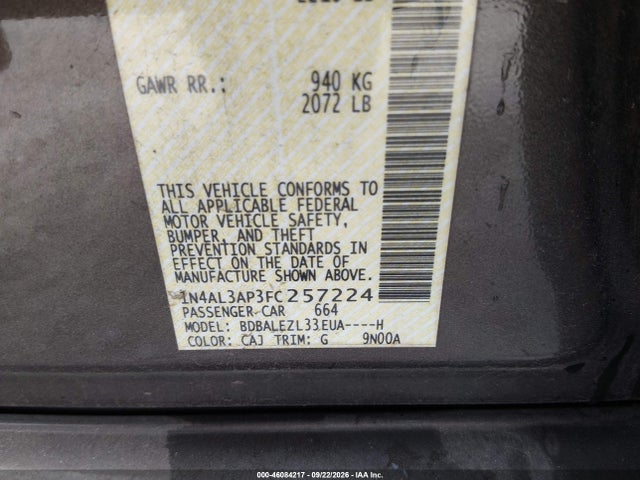 46084217 :رقم المزاد ، 1N4AL3AP3FC257224 vin ، 2015 Nissan Altima 2.5 S مزاد بيع