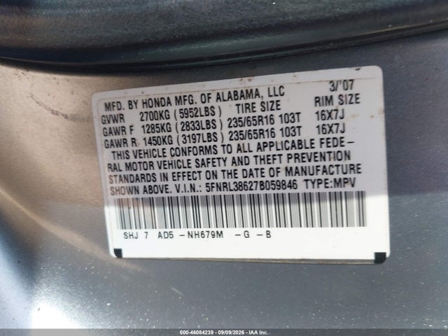 Aukcja sprzedaży 2007 Honda Odyssey Ex-l, vin: 5FNRL38627B059846, numer aukcji: 46084239