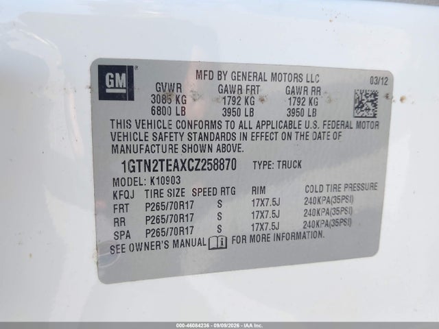 Aukcja sprzedaży 2012 Gmc Sierra 1500 Work Truck, vin: 1GTN2TEAXCZ258870, numer aukcji: 46084236