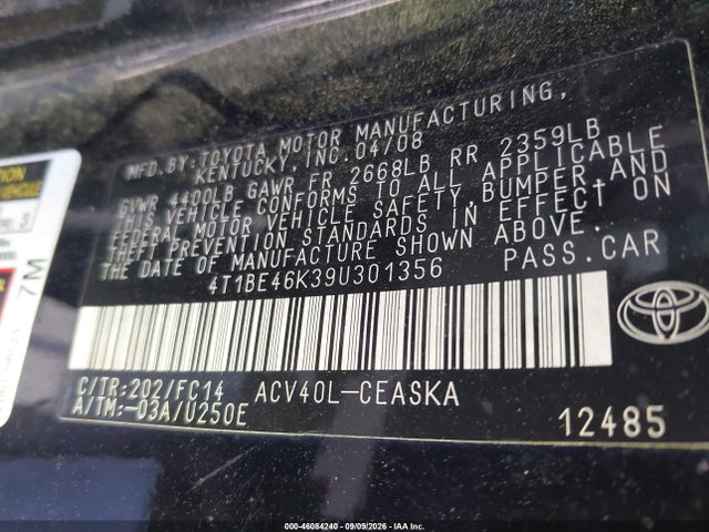Aukcja sprzedaży 2009 Toyota Camry Se, vin: 4T1BE46K39U301356, numer aukcji: 46084240