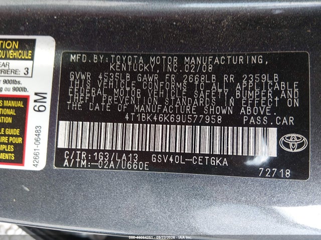 Продажа на аукционе авто 2009 Toyota Camry Xle V6, vin: 4T1BK46K69U577958, номер лота: 46084251
