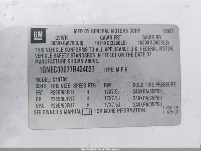 46084255 :رقم المزاد ، 1GNFC13007R262536 vin ، 2007 Chevrolet Tahoe Ltz مزاد بيع