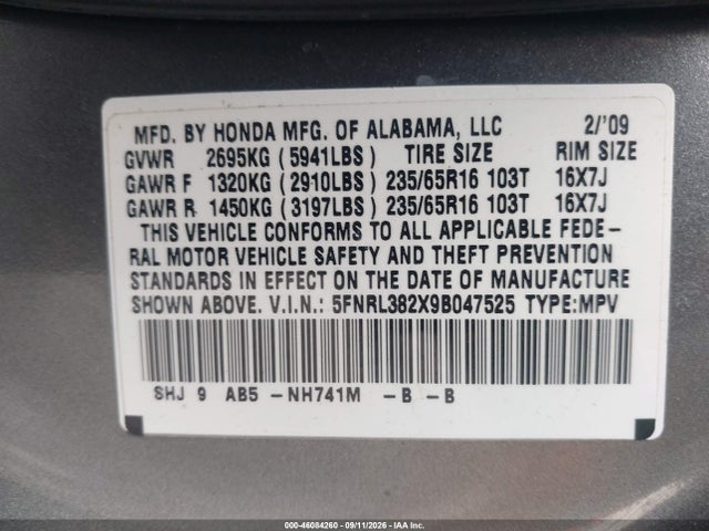 Aukcja sprzedaży 2009 Honda Odyssey Lx, vin: 5FNRL382X9B047525, numer aukcji: 46084260