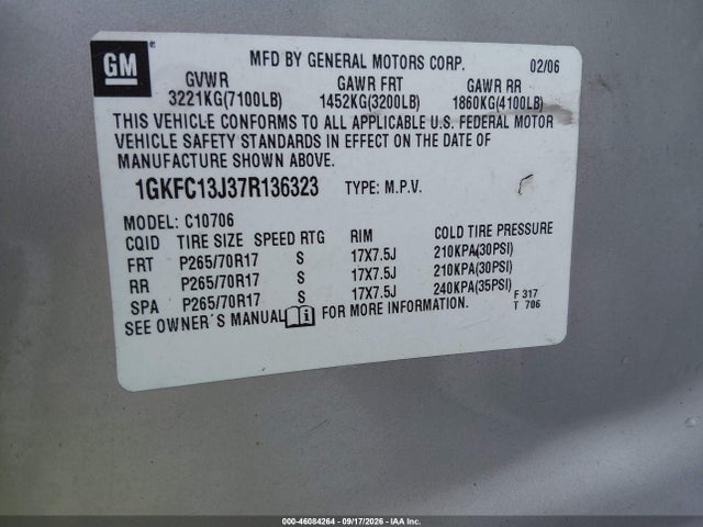 46084264 :رقم المزاد ، 1GKFC13J37R136323 vin ، 2007 Gmc Yukon Slt مزاد بيع