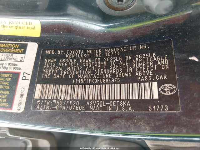 2015 Toyota Camry Se მანქანა იყიდება აუქციონზე, vin: 4T1BF1FK9FU884975, აუქციონის ნომერი: 46084285
