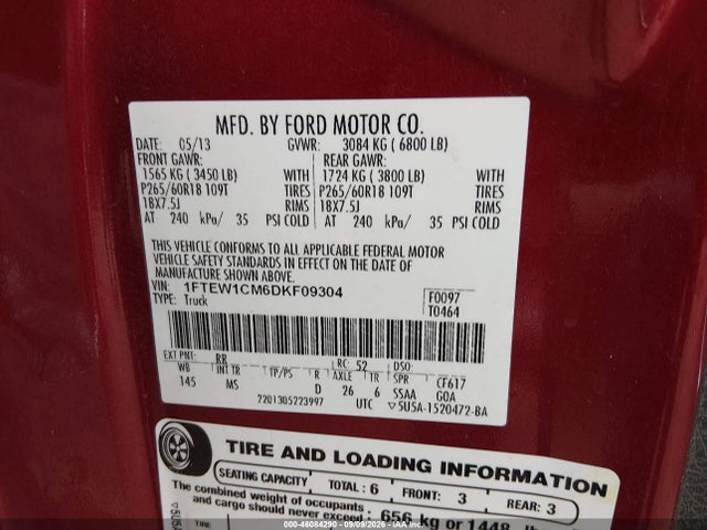 2013 Ford F-150 Xlt მანქანა იყიდება აუქციონზე, vin: 1FTEW1CM6DKF09304, აუქციონის ნომერი: 46084290