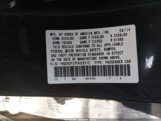 2015 Honda Accord Lx მანქანა იყიდება აუქციონზე, vin: 1HGCR2F37FA029712, აუქციონის ნომერი: 46084291