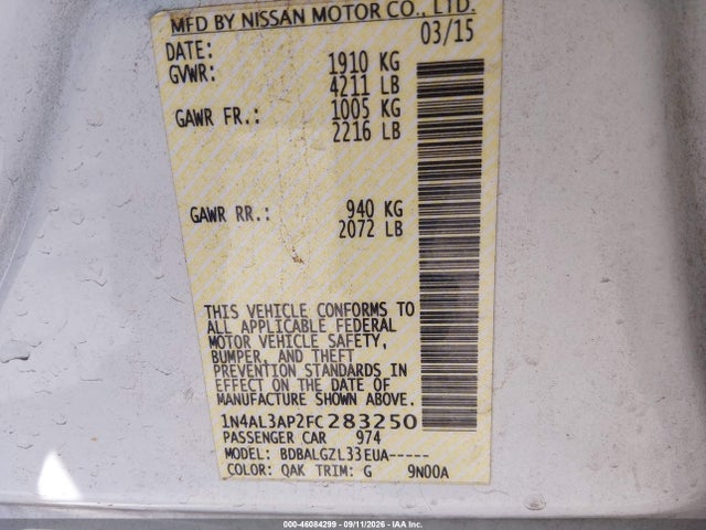 Aukcja sprzedaży 2015 Nissan Altima 2.5/2.5 S/2.5 Sl/2.5 Sv, vin: 1N4AL3AP2FC283250, numer aukcji: 46084299