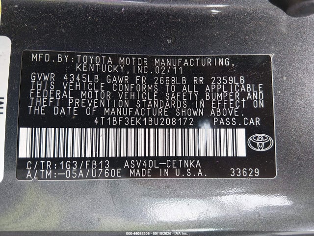 2011 Toyota Camry Le მანქანა იყიდება აუქციონზე, vin: 4T1BF3EK1BU208172, აუქციონის ნომერი: 46084306