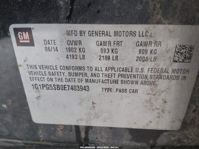 46084309 :رقم المزاد ، 1G1PG5SB0E7403943 vin ، 2014 Chevrolet Cruze Ltz مزاد بيع
