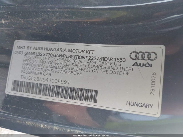 46084311 :رقم المزاد ، TRUSC28N941005991 vin ، 2004 Audi Tt 1.8l مزاد بيع