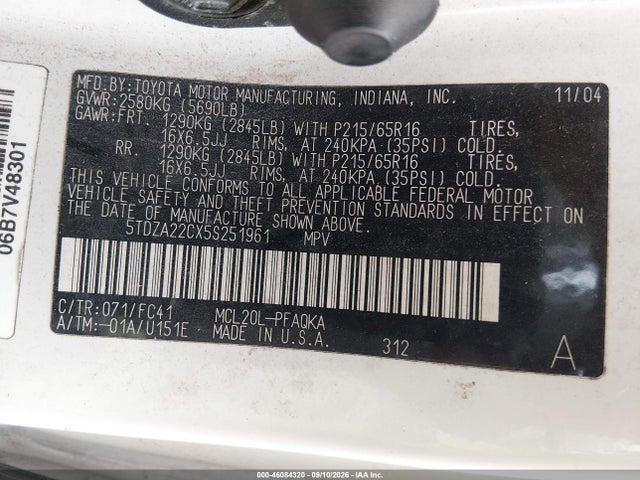 46084320 :رقم المزاد ، 5TDZA22CX5S251961 vin ، 2005 Toyota Sienna Xle مزاد بيع