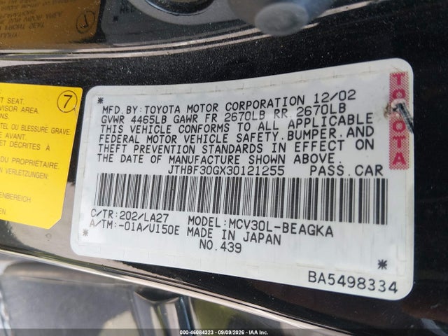46084323 :رقم المزاد ، JTHBF30GX30121255 vin ، 2003 Lexus Es 300 مزاد بيع
