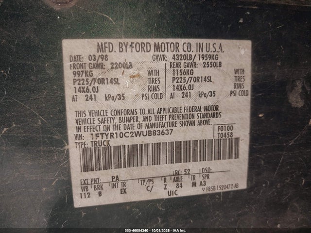 1998 Ford Ranger Splash/xl/xlt მანქანა იყიდება აუქციონზე, vin: 1FTYR10C2WUB83637, აუქციონის ნომერი: 46084340