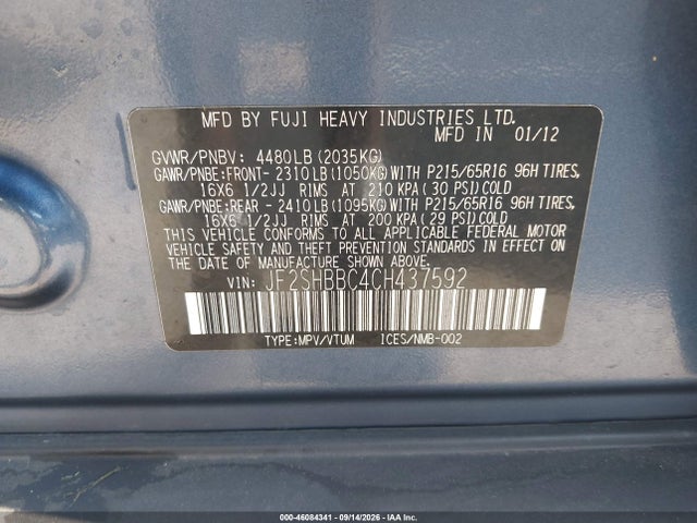 Продаж на аукціоні авто 2012 Subaru Forester 2.5x, vin: JF2SHBBC4CH437592, номер лоту: 46084341