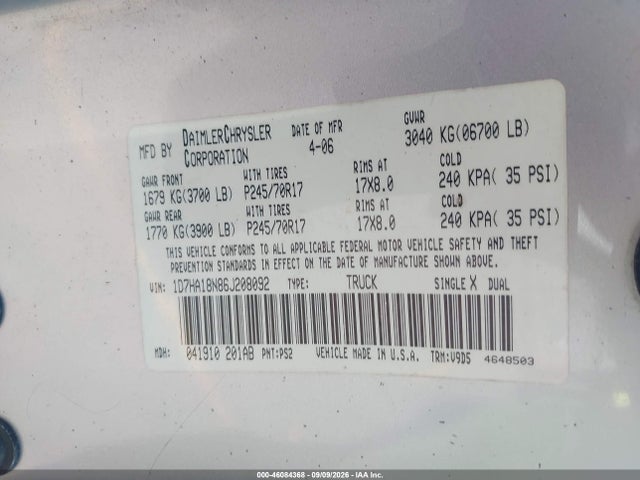 46084368 :رقم المزاد ، 1D7HA18N86J208092 vin ، 2006 Dodge Ram 1500 Slt مزاد بيع