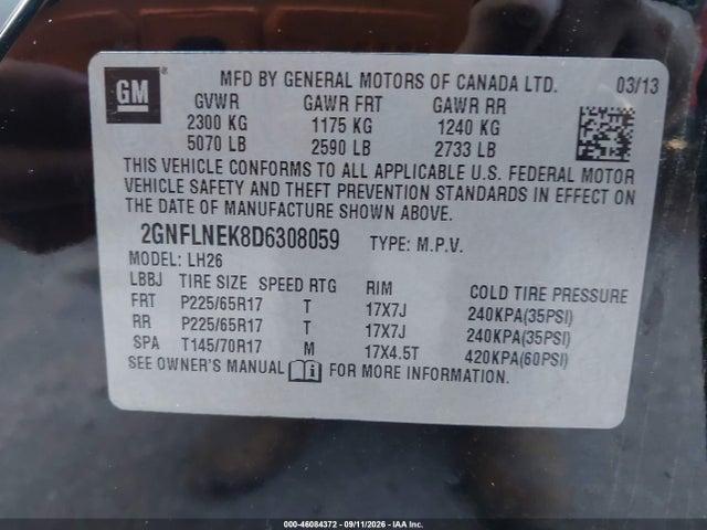 Aukcja sprzedaży 2013 Chevrolet Equinox 2lt, vin: 2GNFLNEK8D6308059, numer aukcji: 46084372