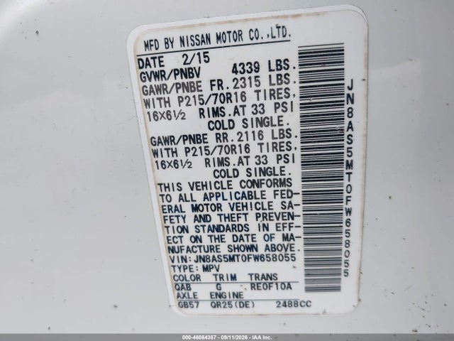 46084387 :رقم المزاد ، JN8AS5MT0FW658055 vin ، 2015 Nissan Rogue Select S مزاد بيع